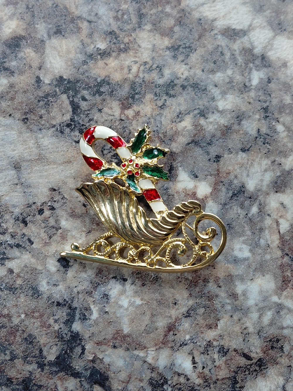 Vintage Christmas Candy Cane Sleigh Gold Tone Metal Collectible Pin Brooch